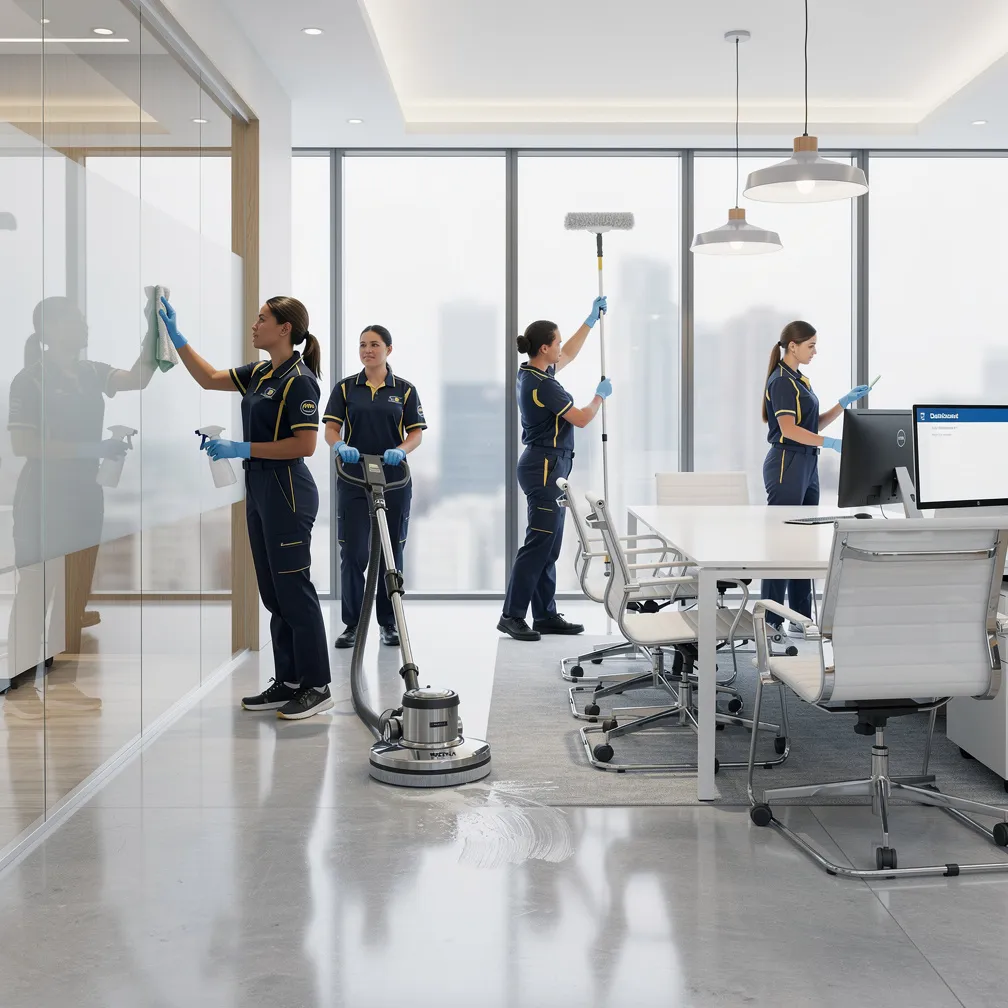 Professional commercial cleaning team servicing a modern office, dealership, hotel, and retail spaces