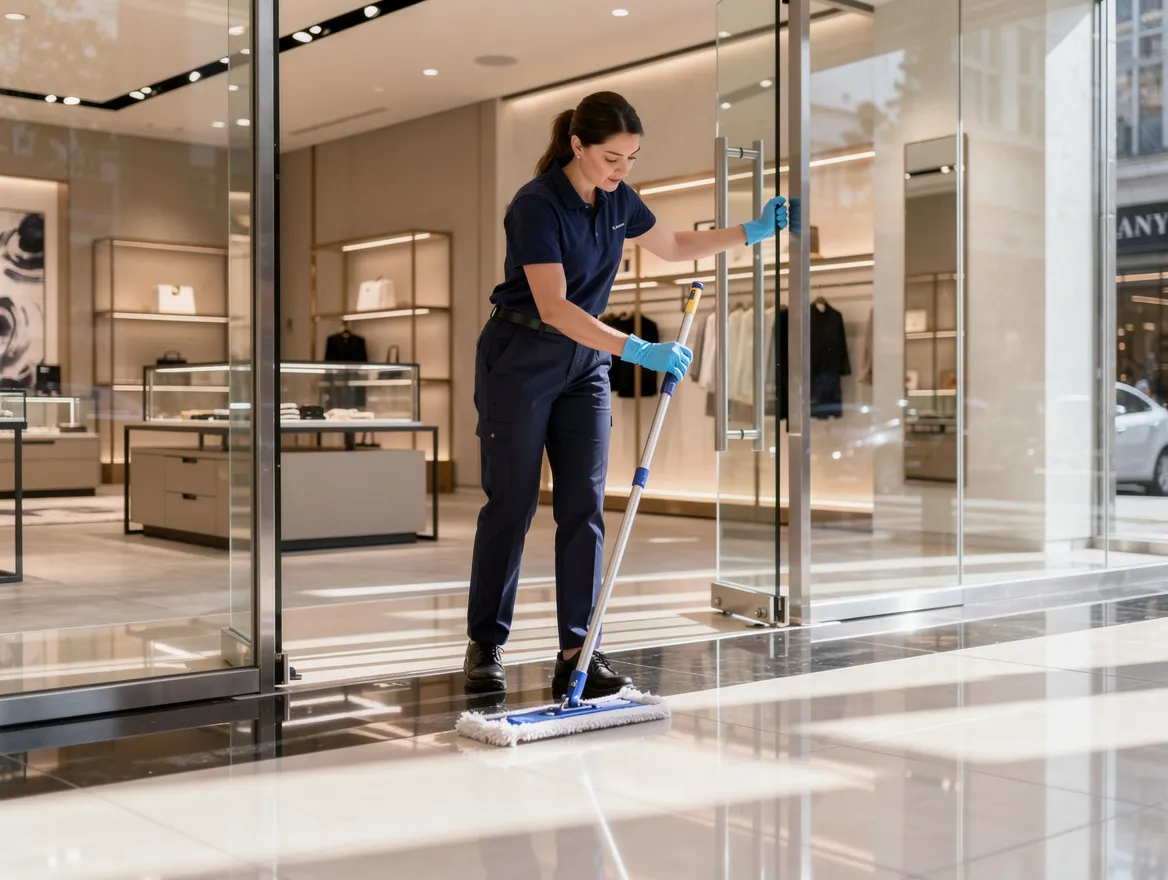 Diamond Prime Solutions cleaner detailing an upscale commercial retail space